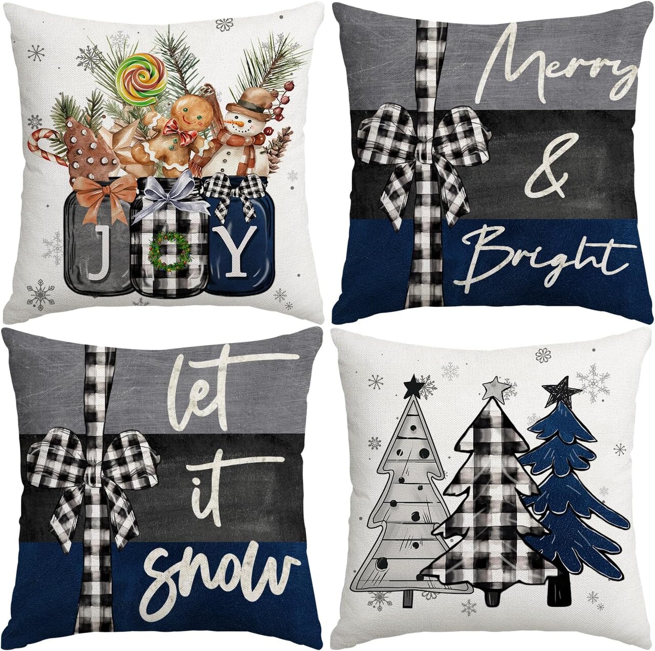 16×16 Inch Christmas Throw Pillow Covers Set of 4 – Merry Christmas & Joy Winter Holiday Cushion Covers with Blue and Black Xmas Tree Designs for Sofa or Couch